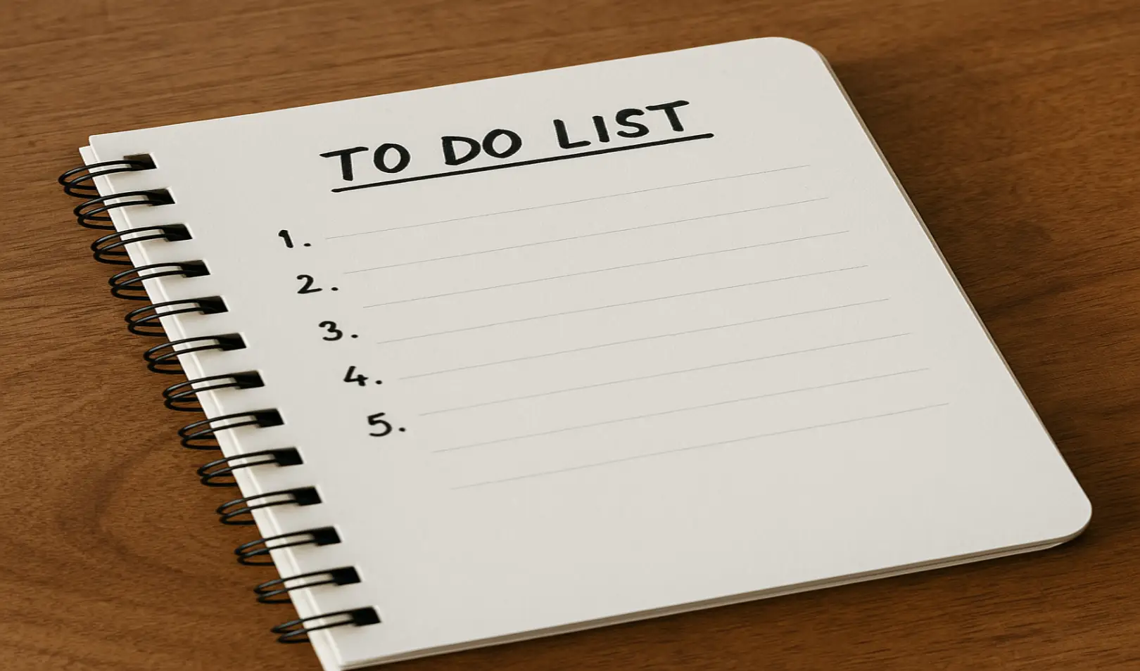 Prazna To-do lista u spiralnoj bilježnici na drvenom stolu, spremna za planiranje zadataka
