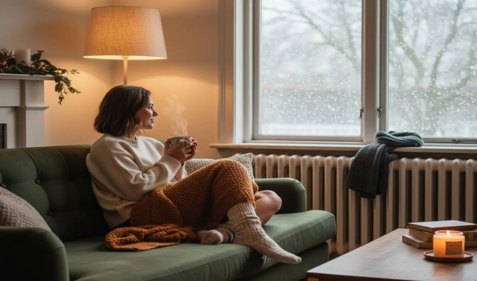 Djevojka sjedu na kauču u dnevnoj sobi pokraj radijatora. U ruci drži toplu šalicu i gleda kroz prozor gdje vani pada snijeg.