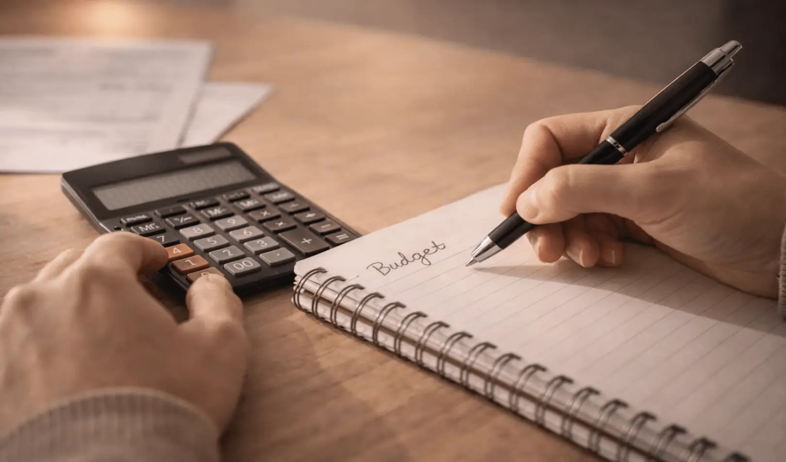 Ruke koje koriste kalkulator i zapisuju budžet u bilježnicu, planiranje osobnih financija i kontrola troškova