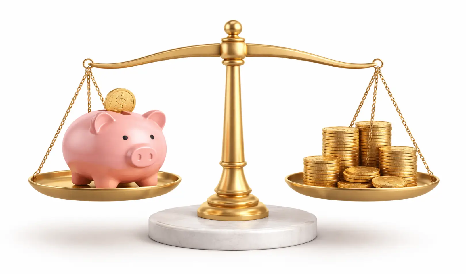 Zlatna vaga s kasicom prasicom i hrpama kovanica, simbol ravnoteže između štednje i financijskih obveza