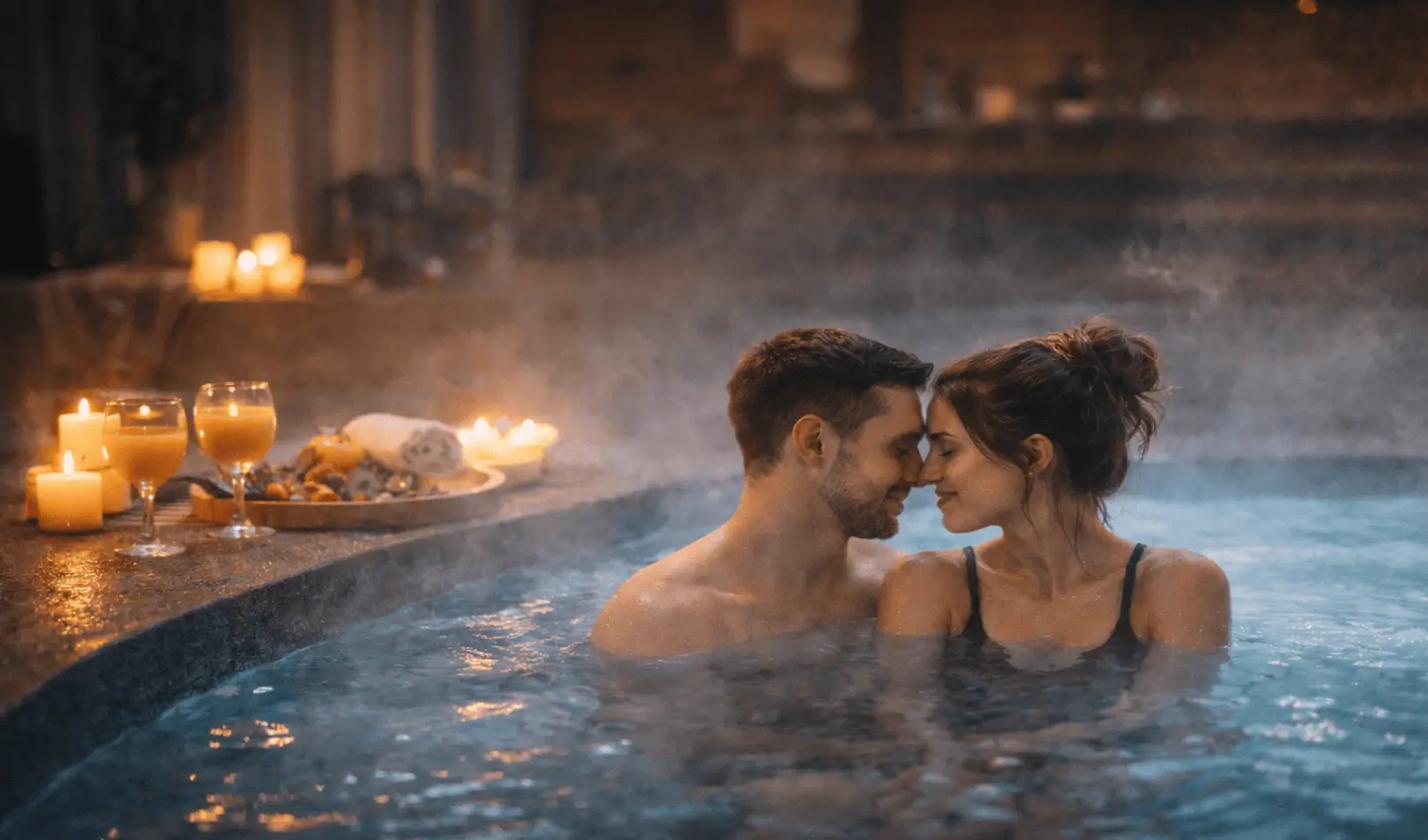 Par u opuštajućoj toploj kupki uz svijeće, piće i voće, idealno za romantičan vikend u dvoje.