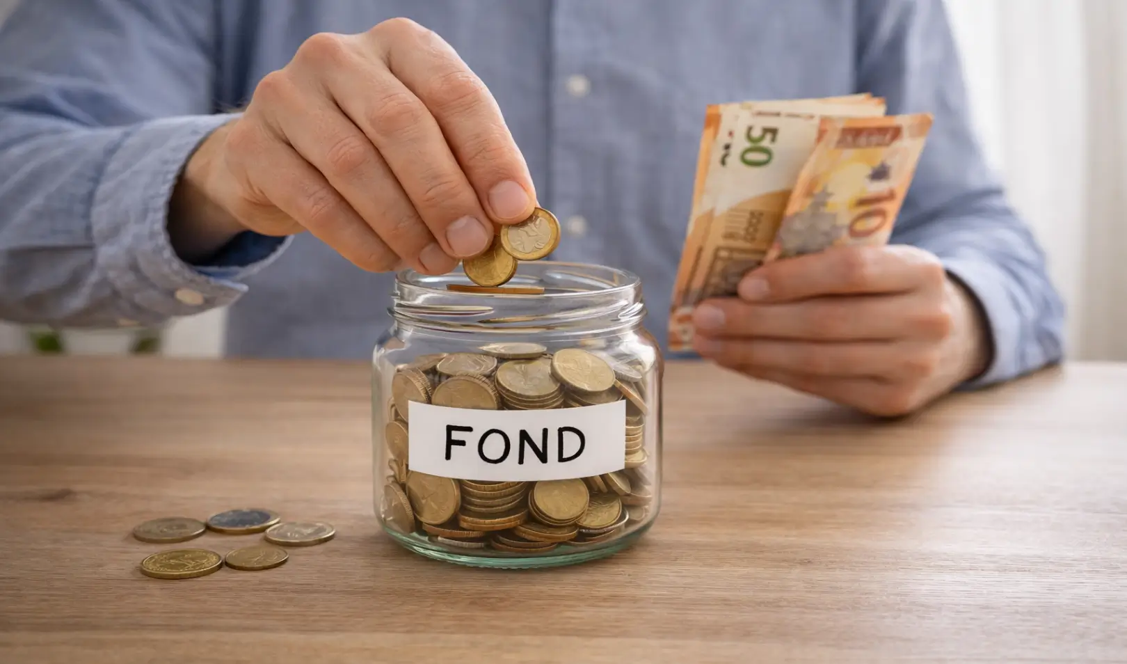 Osoba ubacuje kovanice u staklenku za štednju i u ruci drži novčanice eura.