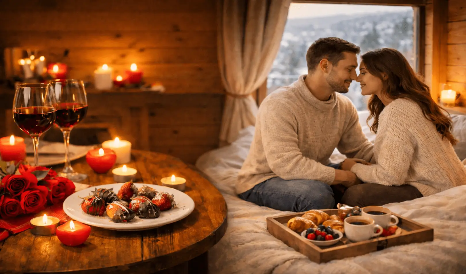 Romantičan par u ugodnom ambijentu drvene kolibe sjedi na krevetu okružen svijećama, vinom i jagodama, uživajući u doručku.