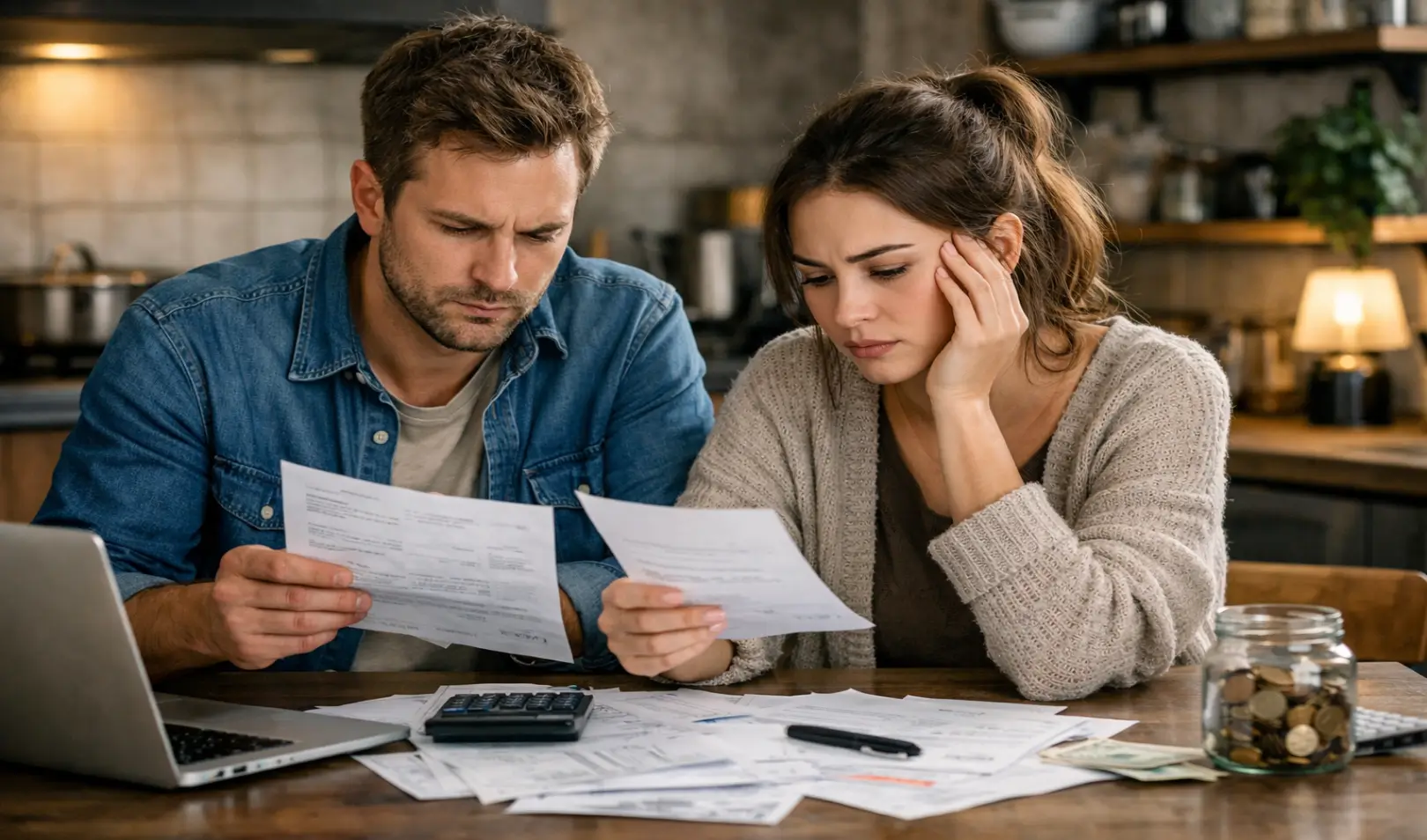 Mladi par za stolom analizira račune i planira kućni budžet