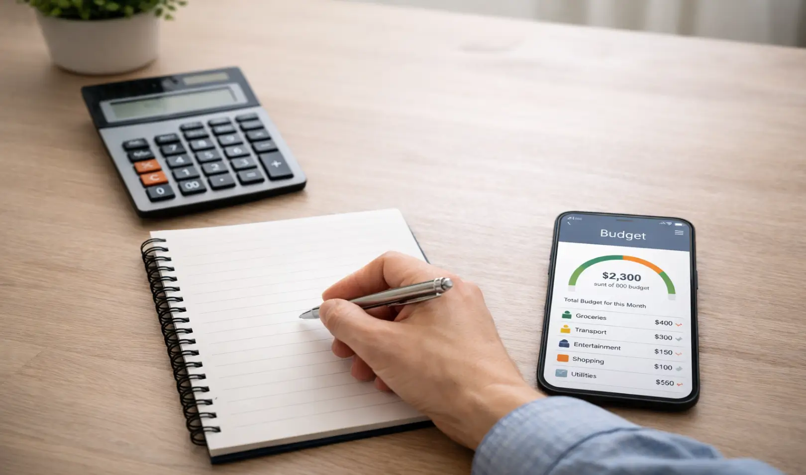 Osoba zapisuje plan troškova u bilježnicu, dok su na stolu kalkulator i mobitel s prikazom budžeta.