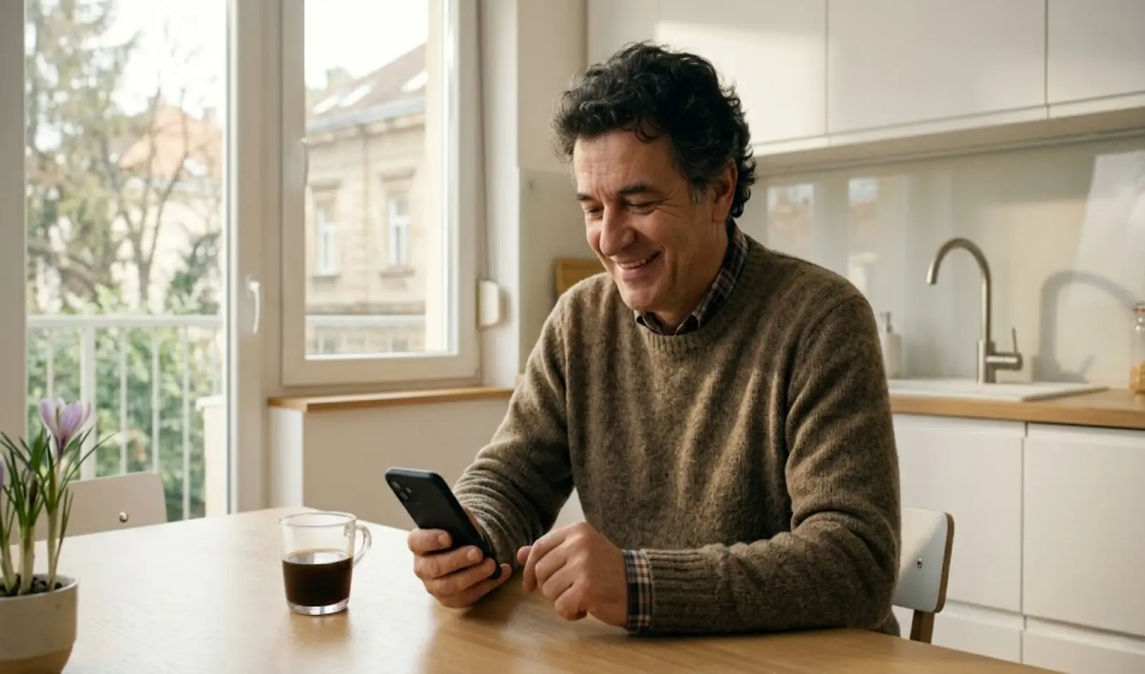 Muškarac sjedi u kuhinji i gleda u mobitel.